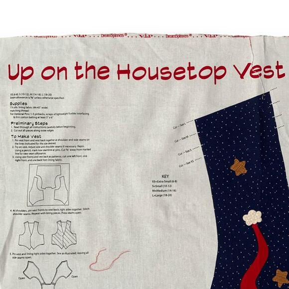 Vintage 90s Dream Spinners Up On The Housetop Santa Vest Fabric Panel Blue Red - Picture 5 of 7